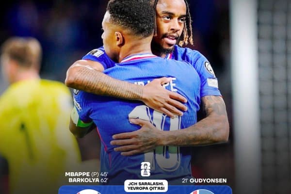 ЖЧ-2026 саралаши. Франция Мбаппе ва Барколанинг голлари эвазига ғалаба қозонди 